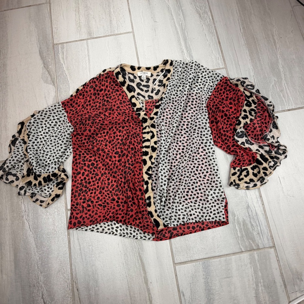 Umgee Mixed Animal Print Ruffle Bell Sleeve Blouse Red Tan Leopard V-Neck M